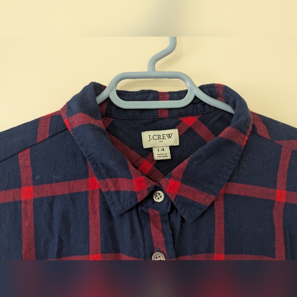 J Crew Women's 14 Blue Red Check / Plaid Button Shirt Dress Waist Cinch Collar - Picture 5 of 6